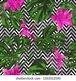 Monstera Pattern.  Summer Design for Swimwear. Exotic Palm Greenery Backdrop. Seamless Illustration. Monstera Seamless Pattern.