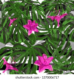 Monstera Pattern.  Summer Design for Swimwear. Exotic Palm Greenery Backdrop. Repeat Illustration. Monstera Seamless Pattern.