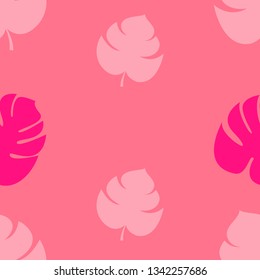 Monstera pattern Vector illustration Seamless pattern in pink shades with silhouettes of monstera leaves in different size and colors