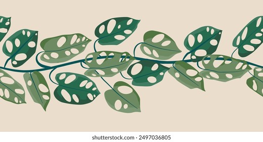 Monstera plant branch seamless pattern illustration. Horizontal background. Flat vector cartoon icon illustration of house plant isolated.