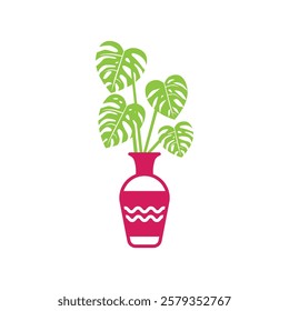 Monstera Plant in Colorful Pot Vector Illustration. Tropical Houseplant, Green Leaves, Botanical Illustration, Potted Decor, Indoor Jungle, Foliage Art, Nature Clipart, Modern Minimalist Design.