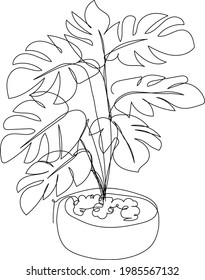 Monstera-Pflanze in kontinuierlicher Linienzeichnung. Moderne Linienkunst. Vektorgrafik.