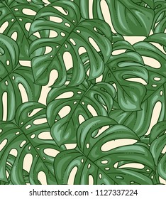 Monstera plant exotic colorful seamless pattern with botanical leaves and dense green foliage vector illustration