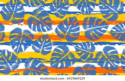 Monstera plant foliage botanical repeat pattern over stripes background. Beautiful fabric template graphic design. Houseplant ceriman leaves. Exotic backdrop.