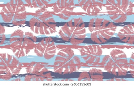 Monstera plant foliage botanical repeat ornament over stripes background. Vintage wallpaper print summer design. Fresh monstera leaves. Jungle wrapping paper.