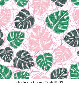 Monstera plant foliage floral repeat rapport over noisy background. Minimal fabric swatch graphic design. Hawaiian ceriman leaves. Tropical wrapping paper.