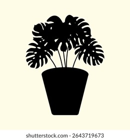 Monstera plant growing in pot, silhouette. Indoor houseplant in planter. Vector flat illustration.