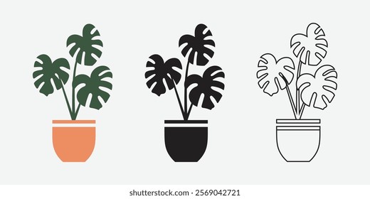 Monstera plant illustration, silhouette monstera plant and  hand drawn monstera plant in pot