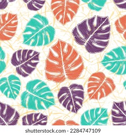 Monstera plant leaves botanical repeat rapport over noisy background. Retro wallpaper print graphic design. Houseplant monstera foliage. Tropical wrapping paper.