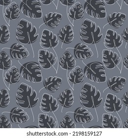 Monstera plant leaves seamless vector pattern. One line continuous hand drawn philodendron leaf illustration. Wallpaper, graphic background, fabric, textile, print, wrapping paper or package design.