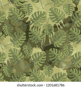Monstera plant leaves Vector seamless pattern with floral  elements on a green military colors blots ink background.Endless texture for season spring design.
