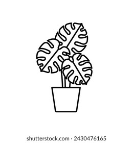 Planta Monstera, icono de línea. Planta de casa Monstera deliciosa, ilustración lineal. Planta interior alta y floreciente en una olla. Pictograma, trazo editable, signo minimalista