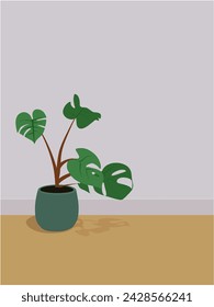 Monstera plant on the pot, flower on the pot, in the corner of the room, flat design, in minimalist style