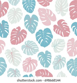 Monstera plant repeating background for fabric textile, wallpaper, summer decoration. Floral pattern with monstera leaf. Tropical jungle leaves blue and pink vector seamless pattern.