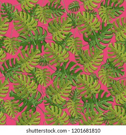 Monstera plant Vector Tropical  seamless pattern with exotic leave plant elements .Endless texture on a pink background.Nature abstarct
