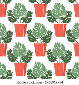 Monstera en una olla. Hermoso patrón vectorial sin costura con hojas tropicales de palma. Ornamento de verano. Ideal para papeles pintados, fondos de páginas web, texturas superficiales, textiles.