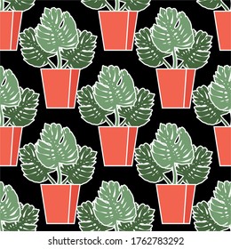 Monstera in a pot. Beautiful seamless vector pattern with tropical palm leaves. Summer ornament. Ideal for wallpapers, web page backgrounds, surface textures, textiles.