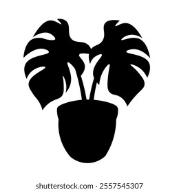 Monstera in a pot black silhouette vector illustration, monstera flower plant silhouette clip art, tropical houseplant clipart image, monstera silhouette isolated on white background