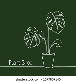 Monstera in pot drawing in one continuous line