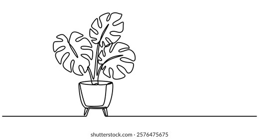 Monstera in pot drawing in one continuous line, Single continuous line drawing monstera. Monstera leaf line art. Contour drawing. Minimalism art. Modern decor,  beauty potted tropical leaf monstera.