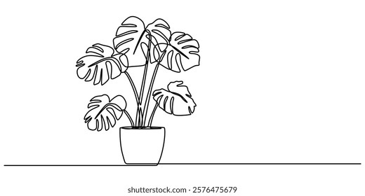 Monstera in pot drawing in one continuous line, Single continuous line drawing monstera. Monstera leaf line art. Contour drawing. Minimalism art. Modern decor,  beauty potted tropical leaf monstera.