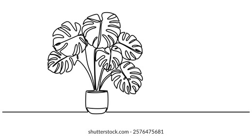Monstera in pot drawing in one continuous line, Single continuous line drawing monstera. Monstera leaf line art. Contour drawing. Minimalism art. Modern decor,  beauty potted tropical leaf monstera.