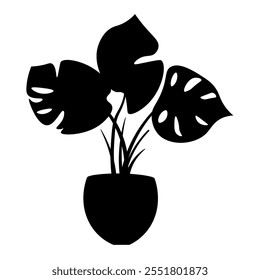 Monstera pot plant silhouette vector illustration, monstera silhouette clip art, tropical flower plant silhouette isolated on white background