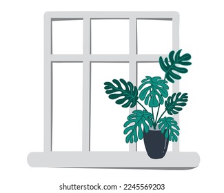 Monstera in a pot stands in the window of a modern interior of a house or apartment. Flat vector illustration