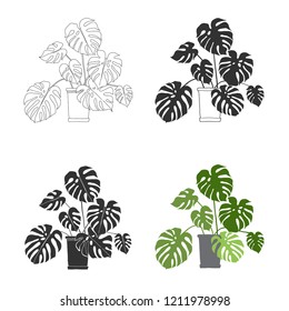 Monstera in pots.Vector  hand-drawn illustration.Isolated elements on white background. Set of beautiful natural home decorations.