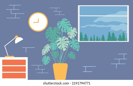 Monstera in the room. Nice view from the window. Room cool interior.