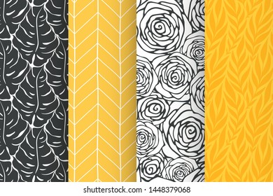 Monstera, roses, leaves, geometric seamless pattern set. Organic simple background collection. Vector illustration