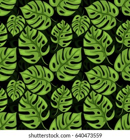 Monstera seamless background. Tiled green jungle pattern. Vector illustration