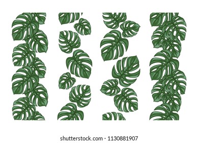 Monstera seamless border divider set or collection of vertical decorative repeating ornament