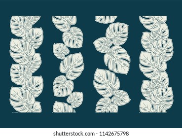 Monstera seamless border divider set or collection of vertical decorative repeating ornament in white and blue