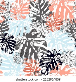 Monstera seamless pattern. Abstract modern art illustration with tropical leaves filled with grunge, doodles, minimal elements textures. Minimal print background. Trendy vector in scandinavian style.