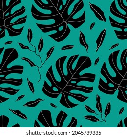 Monstera seamless pattern. Black leaves on a turquoise background. Vector flat pattern.