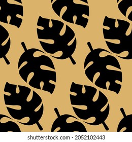 Monstera seamless pattern, carved black tropical leaf, vector illustration