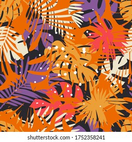 Monstera. Patrón sin foco con hojas de palma decorativas con puntos. Encima del dibujo hay un fondo de hojas. Ilustración vectorial para diseño web o impresión.