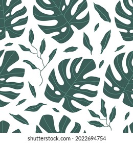 Monstera seamless pattern. Green leaves of monstera on a white background. Vector flat pattern.