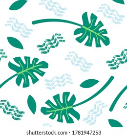 Modalidades monsteras sin fisuras en tonos verde y azul pastel en un estilo de doodle plano sobre fondo blanco. Para impresiones textiles o papel envolvente, para conceptos de verano, primavera o jungla.