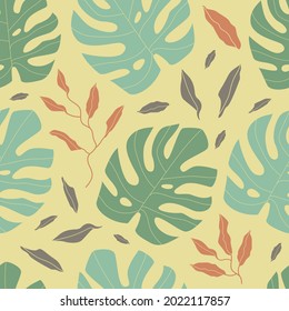 Monstera seamless pattern. Multicolored leaves of monstera on a white background. Vector trendy pattern.