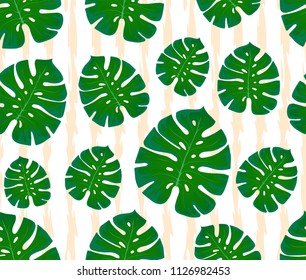 Monstera seamless pattern. Print with leaves. Design of textiles and fabrics. Trendy palm leaves on a abstract background.