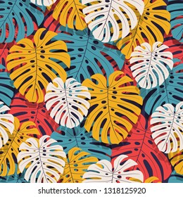Monstera seamless pattern. Tropical background in bright colors.