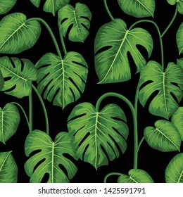 Monstera. Seamless pattern with tropical leaves. Seamless vector background can be used for card, postcard, poster, wallpaper, textile design, cover, banner.