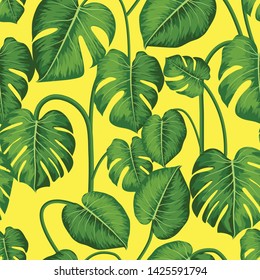 Monstera. Seamless pattern with tropical leaves. Seamless vector background can be used for card, postcard, poster, wallpaper, textile design, cover, banner.