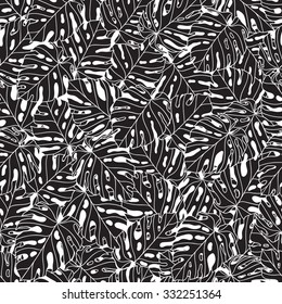 Monstera. Seamless pattern with tropical leaves. Seamless vector background can be used for card, postcard, poster, wallpaper, textile design, cover, banner.
