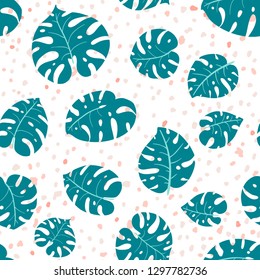 Monstera seamless pattern with turquoise  leaves on a background of pink marble. Tropical vector illustration in simple hand-drawn cartoon style.