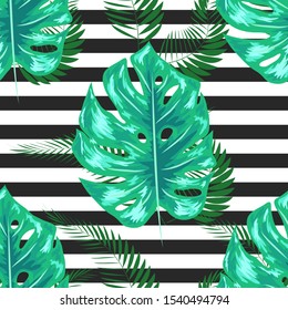 Monstera seamless striped pattern. Summer tropical design.