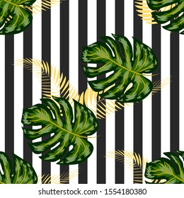 Monstera seamless striped pattern. Summer tropical design.