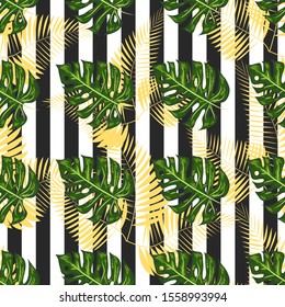 Monstera seamless striped pattern. Summer tropical design.